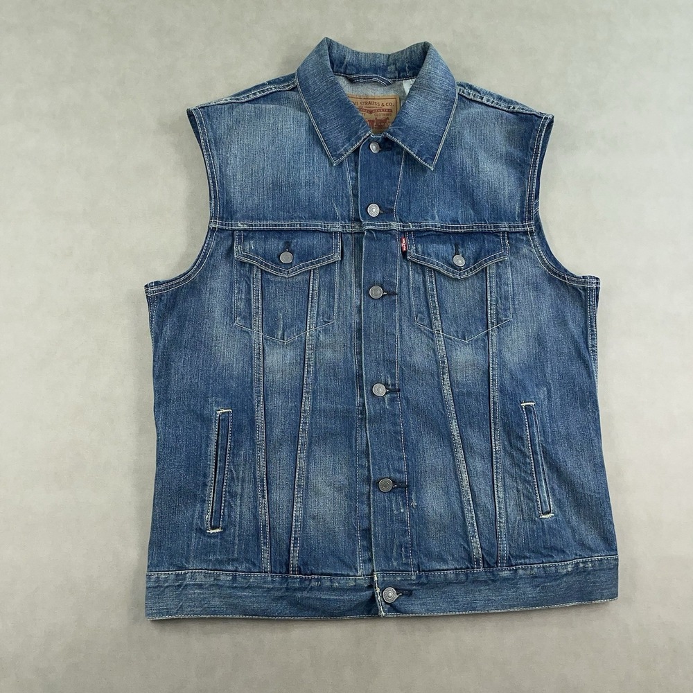 Levi's Denim Vest Mens XL Blue Cutoff Trucker Sleeveless Button Front Motorcycle